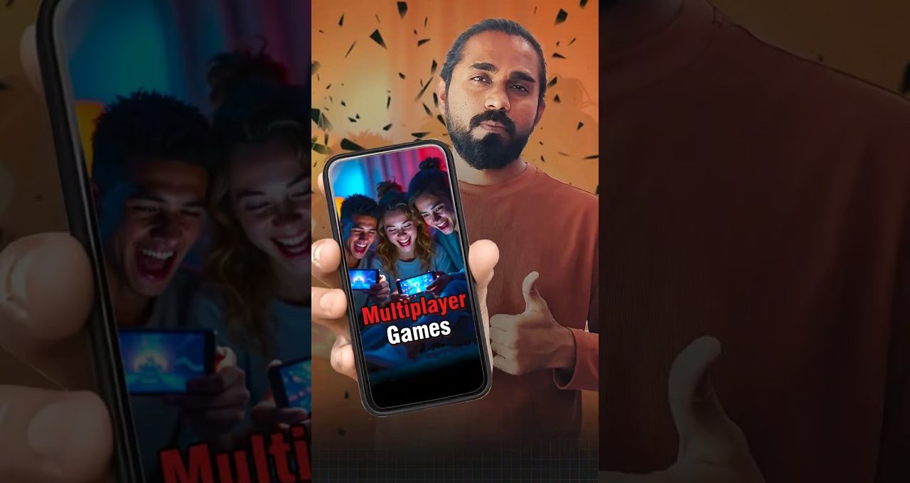 Man holding smartphone displaying a group playing on mobile screens with "Multiplayer Games" text