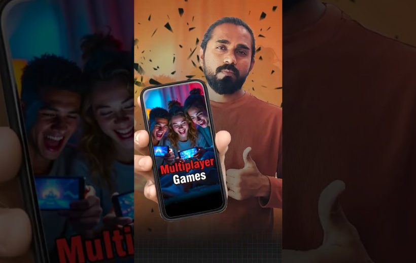 Man holding smartphone displaying a group playing on mobile screens with "Multiplayer Games" text