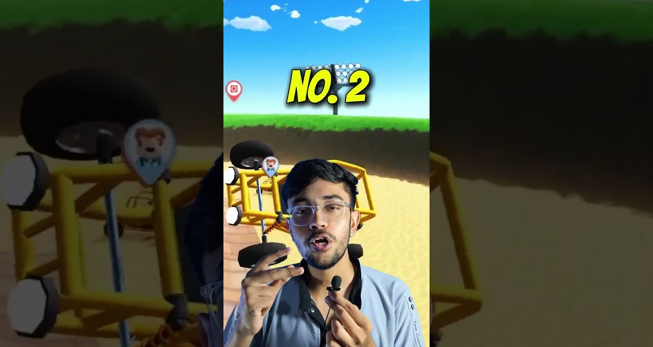 Young man demonstrating a small microphone in front of a beach-themed game screen