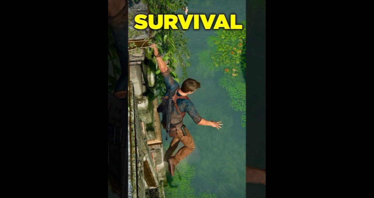 Male adventurer hanging from crumbling ledge above a green jungle river, caption "SURVIVAL"