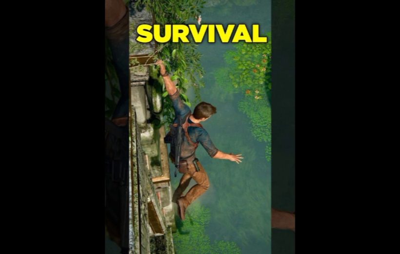 Male adventurer hanging from crumbling ledge above a green jungle river, caption "SURVIVAL"