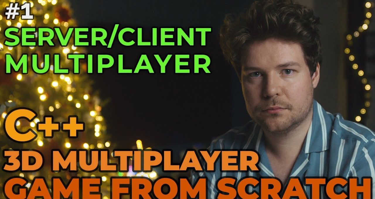 Man in striped shirt beside blurred holiday lights with bold text about C++ multiplayer game