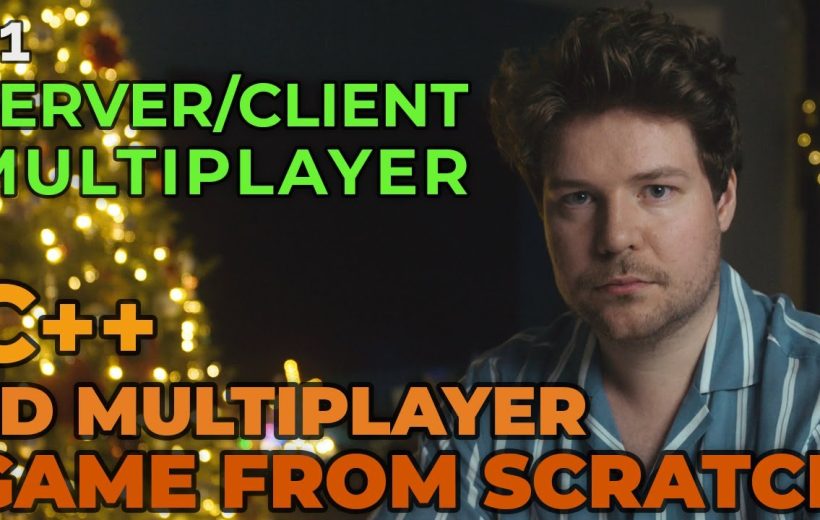 Man in striped shirt beside blurred holiday lights with bold text about C++ multiplayer game