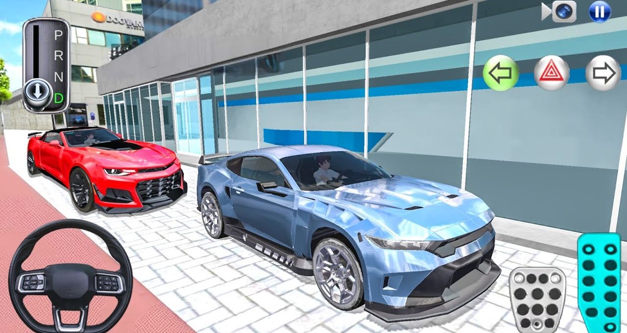 Two sporty cars parked outside a modern glass-front building with driving controls visible
