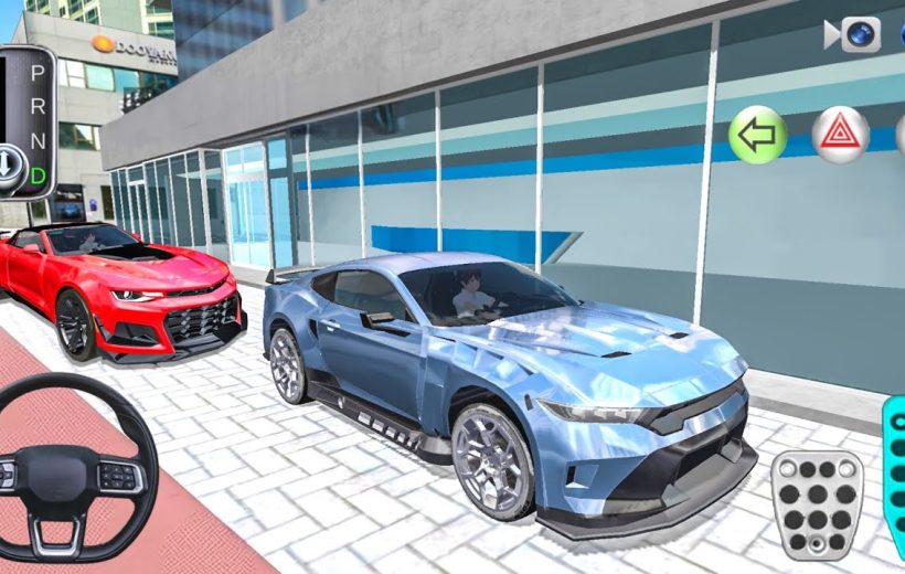 Two sporty cars parked outside a modern glass-front building with driving controls visible