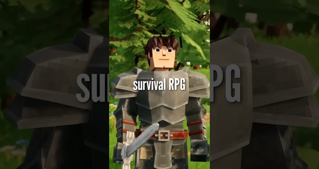 Blocky armored RPG character standing in a forest holding a sword, text "survival RPG"