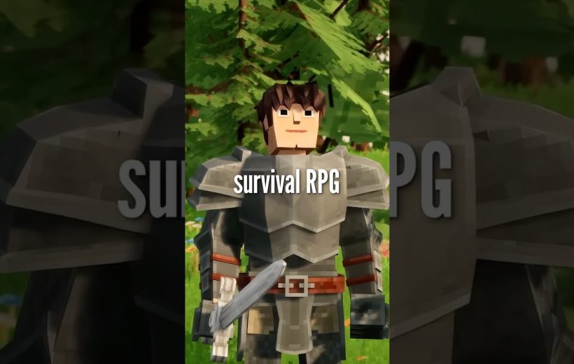 Blocky armored RPG character standing in a forest holding a sword, text "survival RPG"