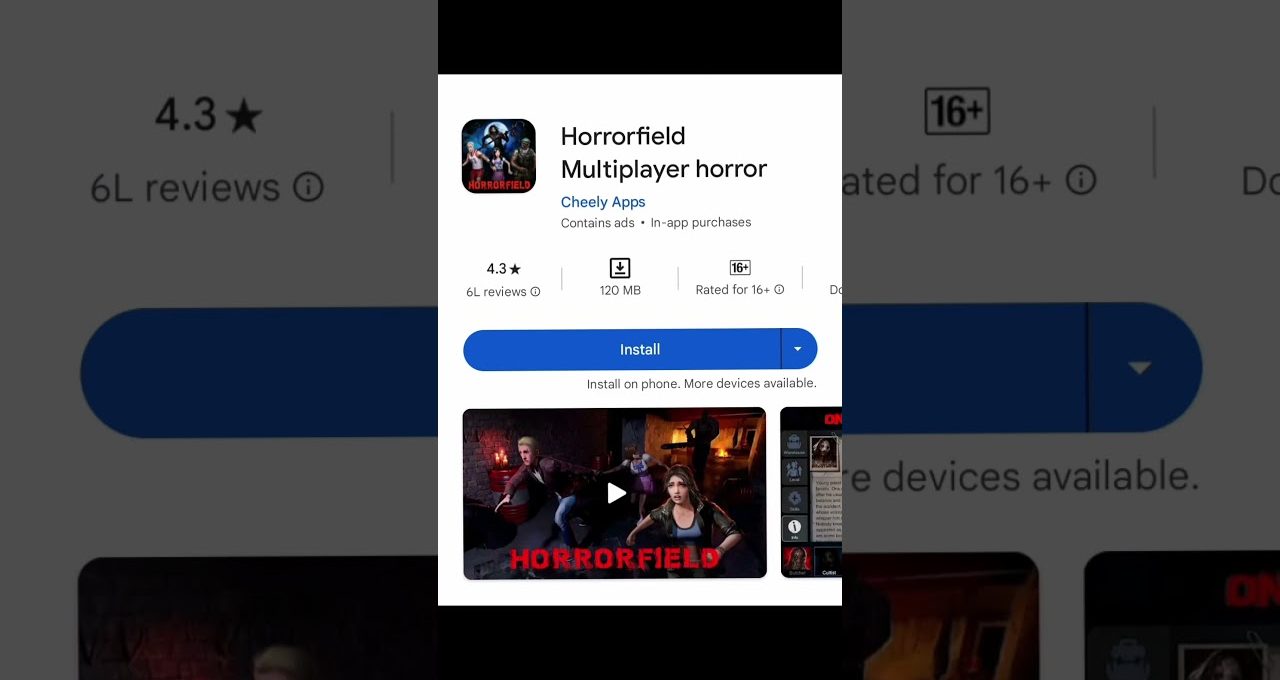 Horrorfield multiplayer horror game listing on app store with install button visible