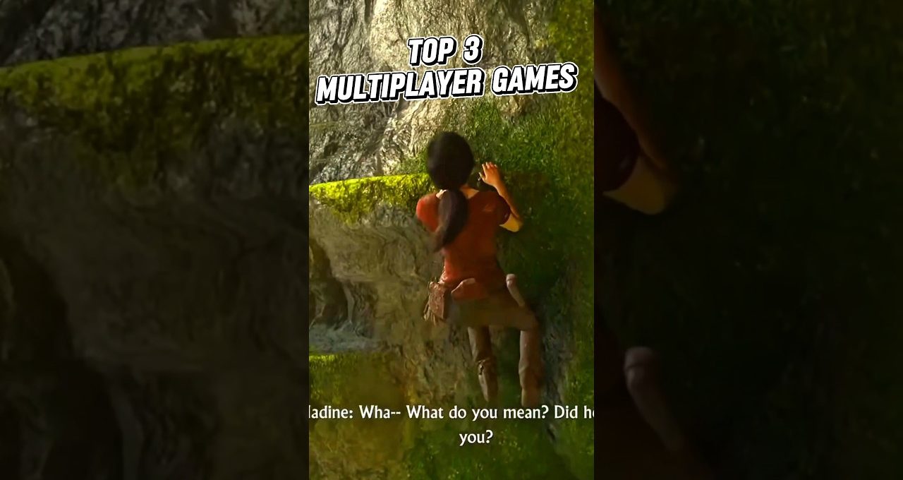 Female video game character climbing mossy cliff with "Top 3 Multiplayer Games" text.