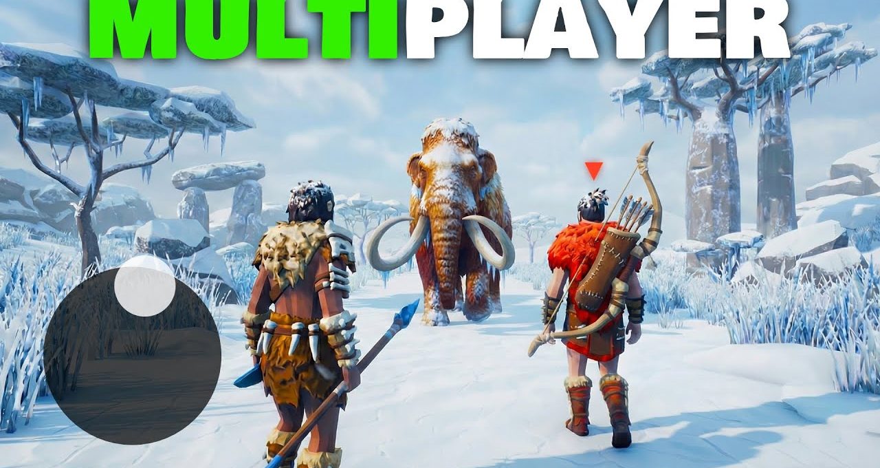 Two prehistoric hunters approach a woolly mammoth in a snowy multiplayer game scene