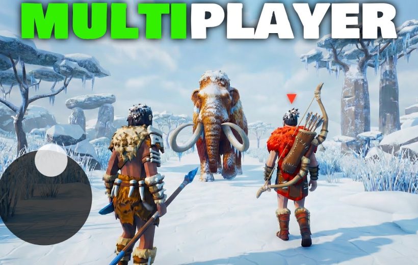 Two prehistoric hunters approach a woolly mammoth in a snowy multiplayer game scene