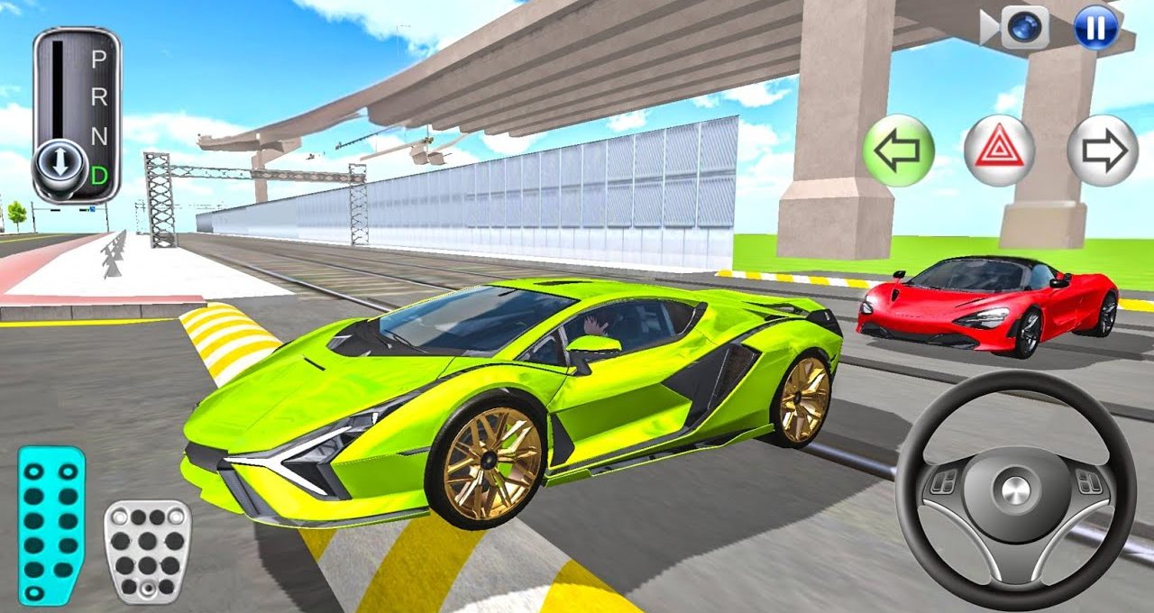 Bright green sports car and red supercar parked on urban elevated roadway game scene