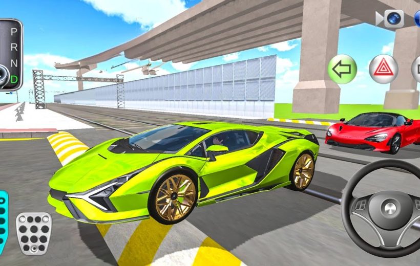 Bright green sports car and red supercar parked on urban elevated roadway game scene