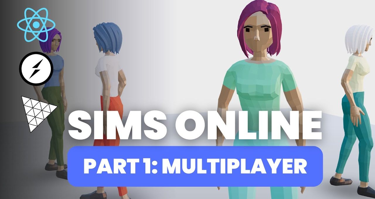 Low-poly Sims avatars standing together with bold text reading "Sims Online: Multiplayer"