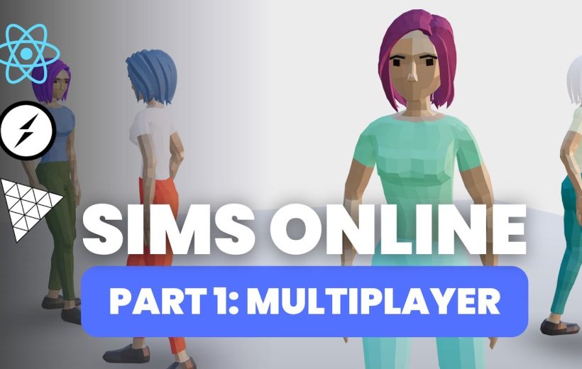 Low-poly Sims avatars standing together with bold text reading "Sims Online: Multiplayer"