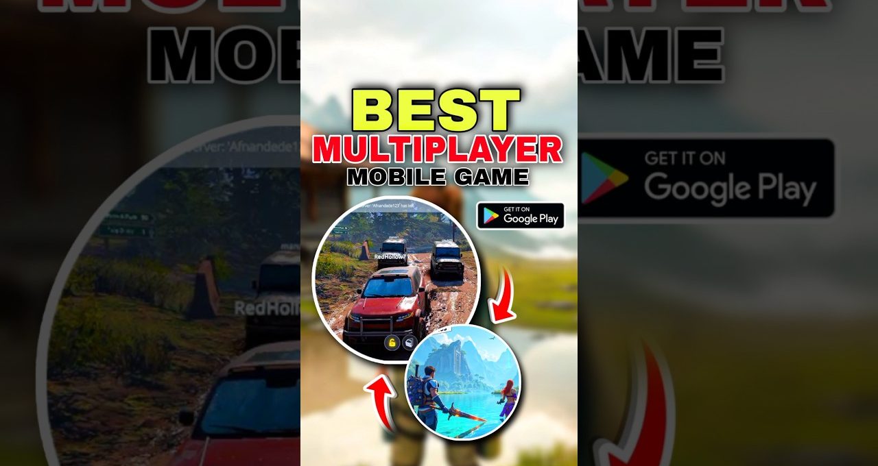 Bold poster promoting a multiplayer mobile game with vehicle and island combat scenes