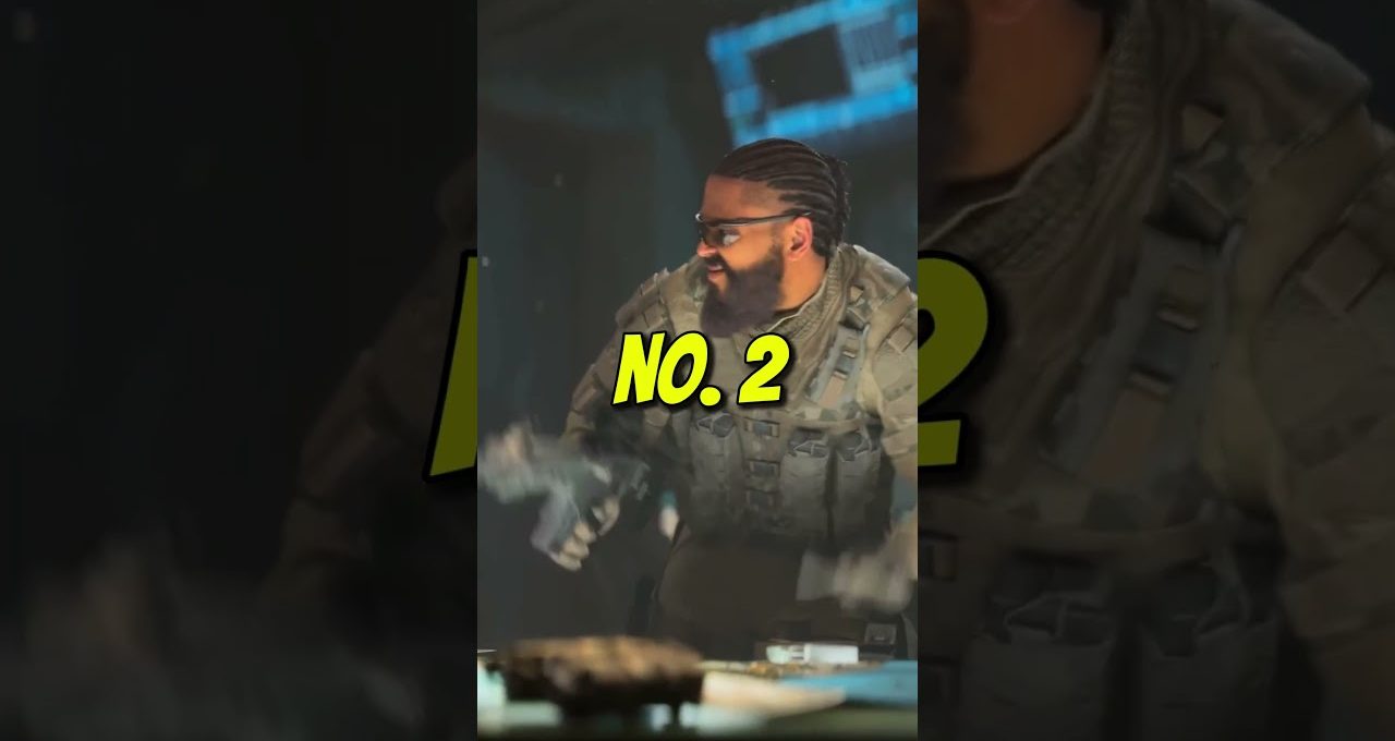 Armed soldier in tactical gear with braided hair smiling over a table, "No. 2" text