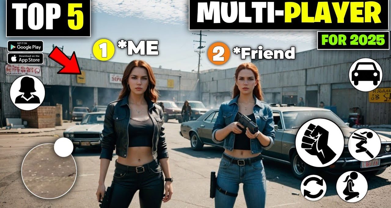 Two women armed and ready standing in front of parked cars in warehouse lot