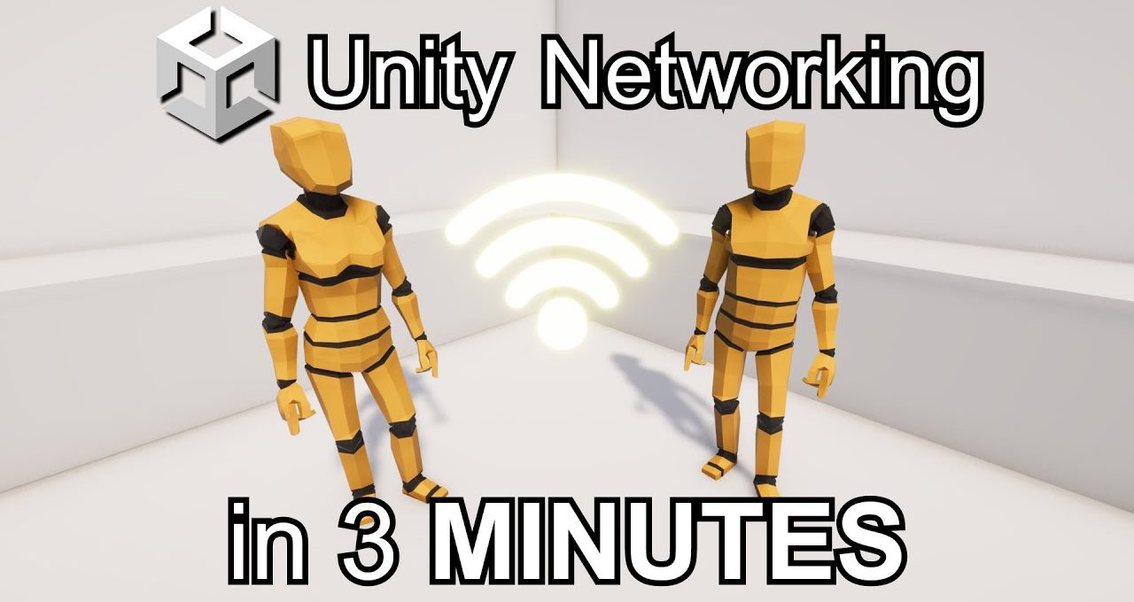 Two low-poly yellow humanoid characters facing a glowing Wi-Fi icon in white room