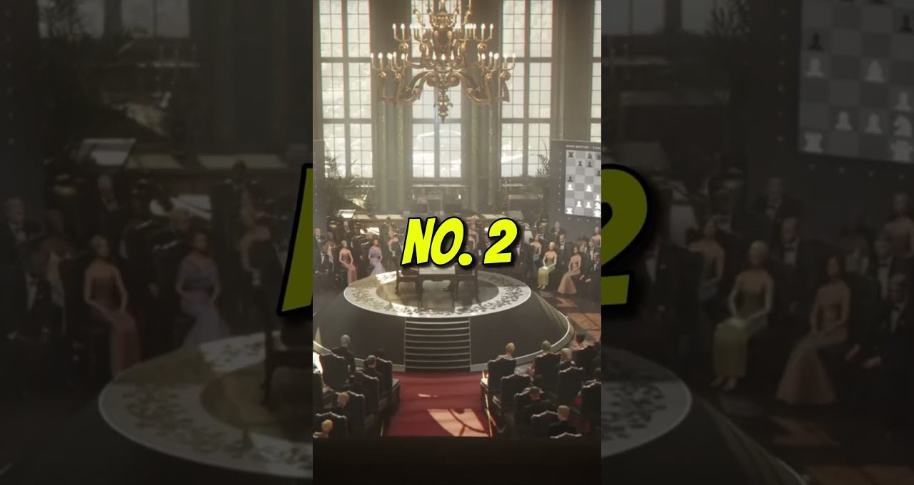 Grand hall chess tournament with circular stage, spectators seated under large chandelier
