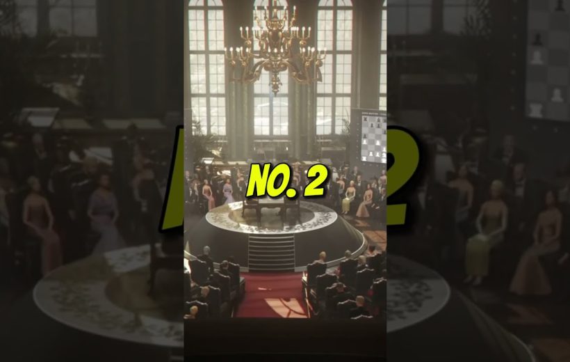 Grand hall chess tournament with circular stage, spectators seated under large chandelier