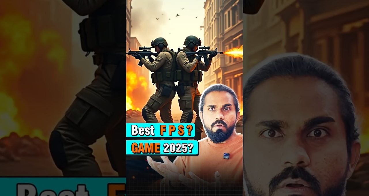 Two soldiers back-to-back firing rifles in urban battlefield, surprised man foreground text.