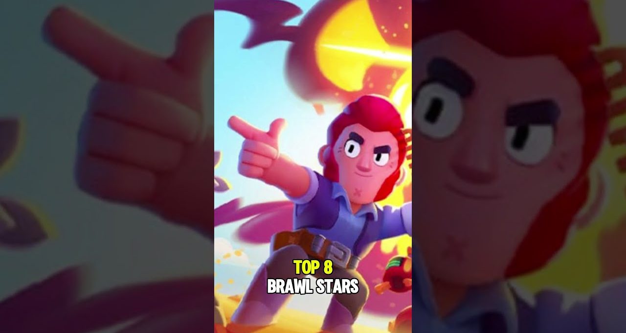 Cartoon cowboy character striking a finger-gun pose with "Top 8 Brawl Stars" text