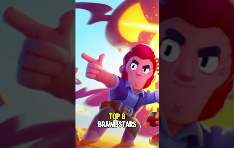 Cartoon cowboy character striking a finger-gun pose with "Top 8 Brawl Stars" text