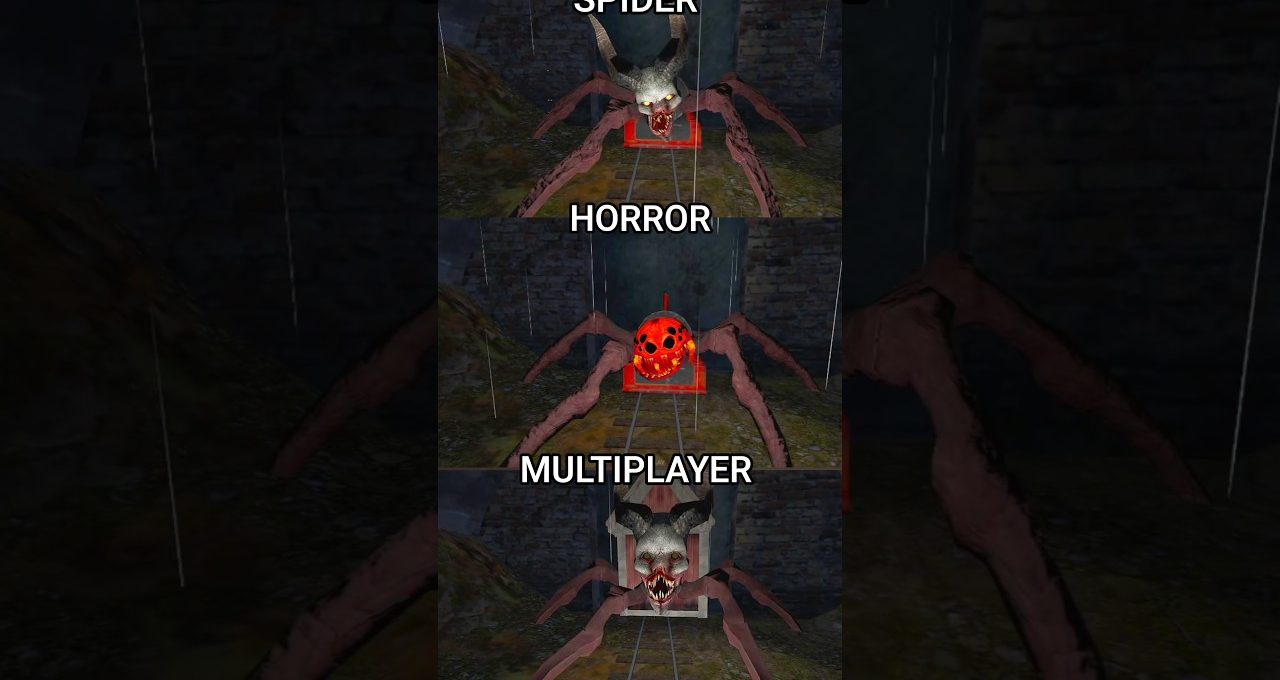 Three-panel meme showing a monstrous spider creature labeled Spider, Horror, Multiplayer.