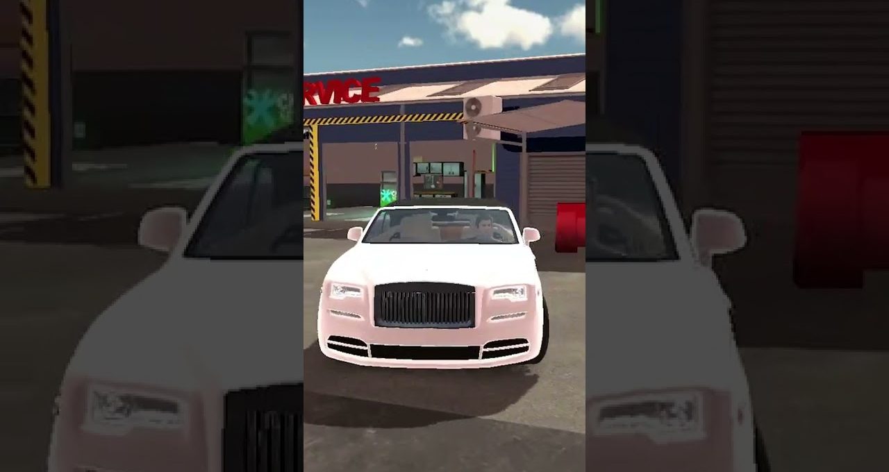White luxury convertible parked in front of a service garage with driver inside