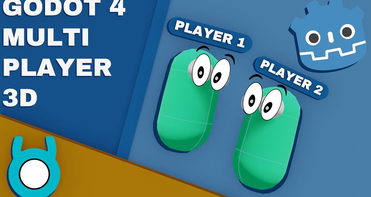 Two green cartoon 3D player characters labeled Player 1 and Player 2, Godot logo