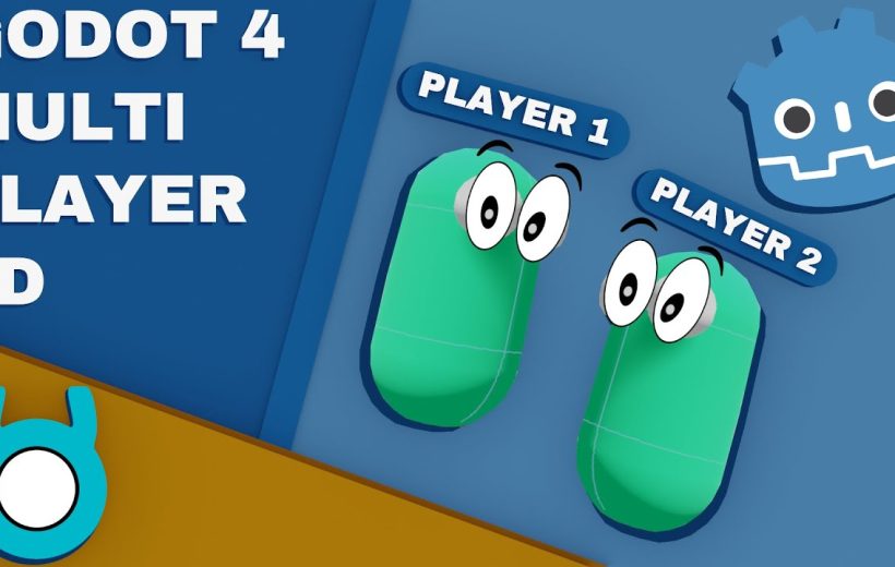 Two green cartoon 3D player characters labeled Player 1 and Player 2, Godot logo