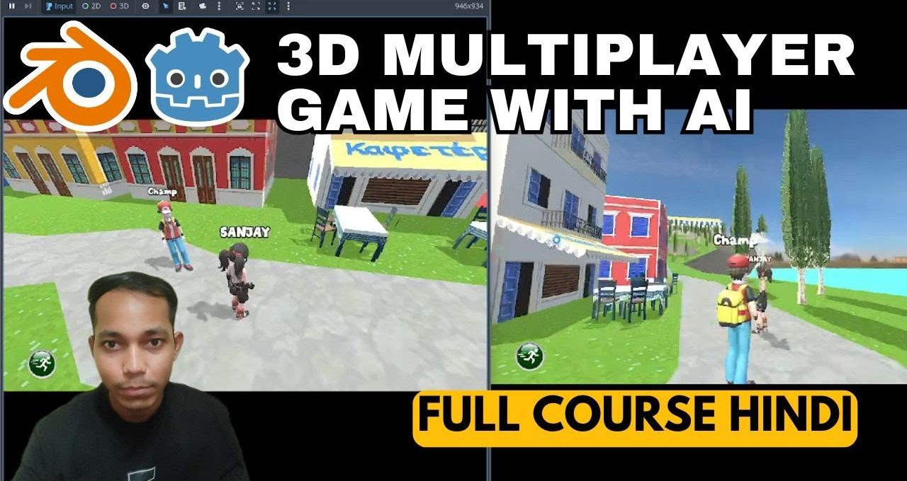 Split-screen game development tutorial thumbnail showing 3D multiplayer scenes and instructor portrait