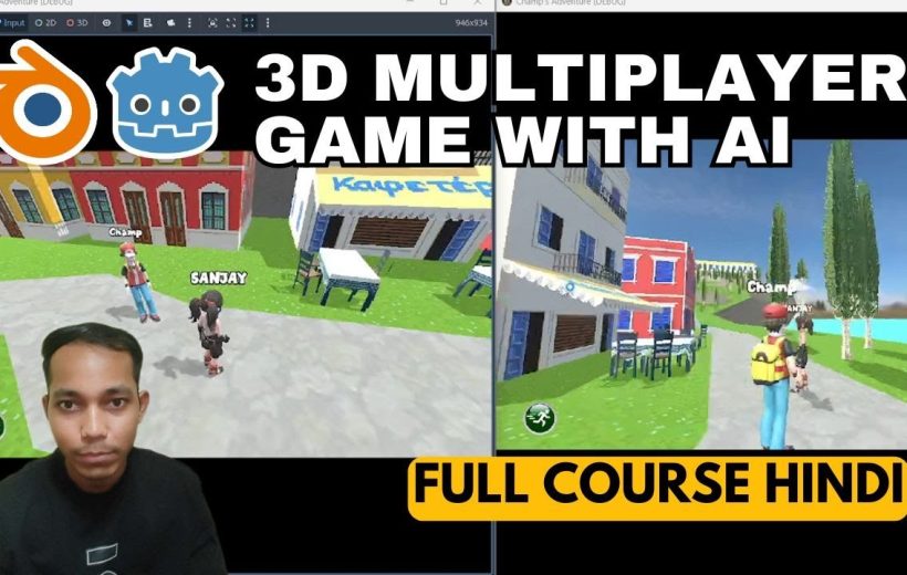 Split-screen game development tutorial thumbnail showing 3D multiplayer scenes and instructor portrait