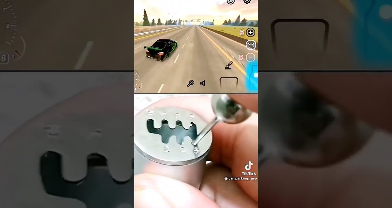 Split-screen showing a racing game above and close-up of a lock picking tool below.