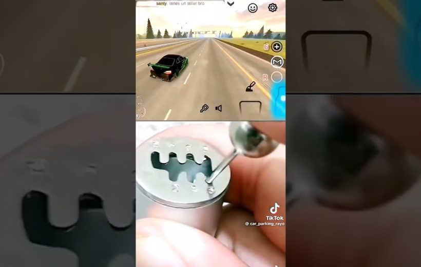 Split-screen showing a racing game above and close-up of a lock picking tool below.