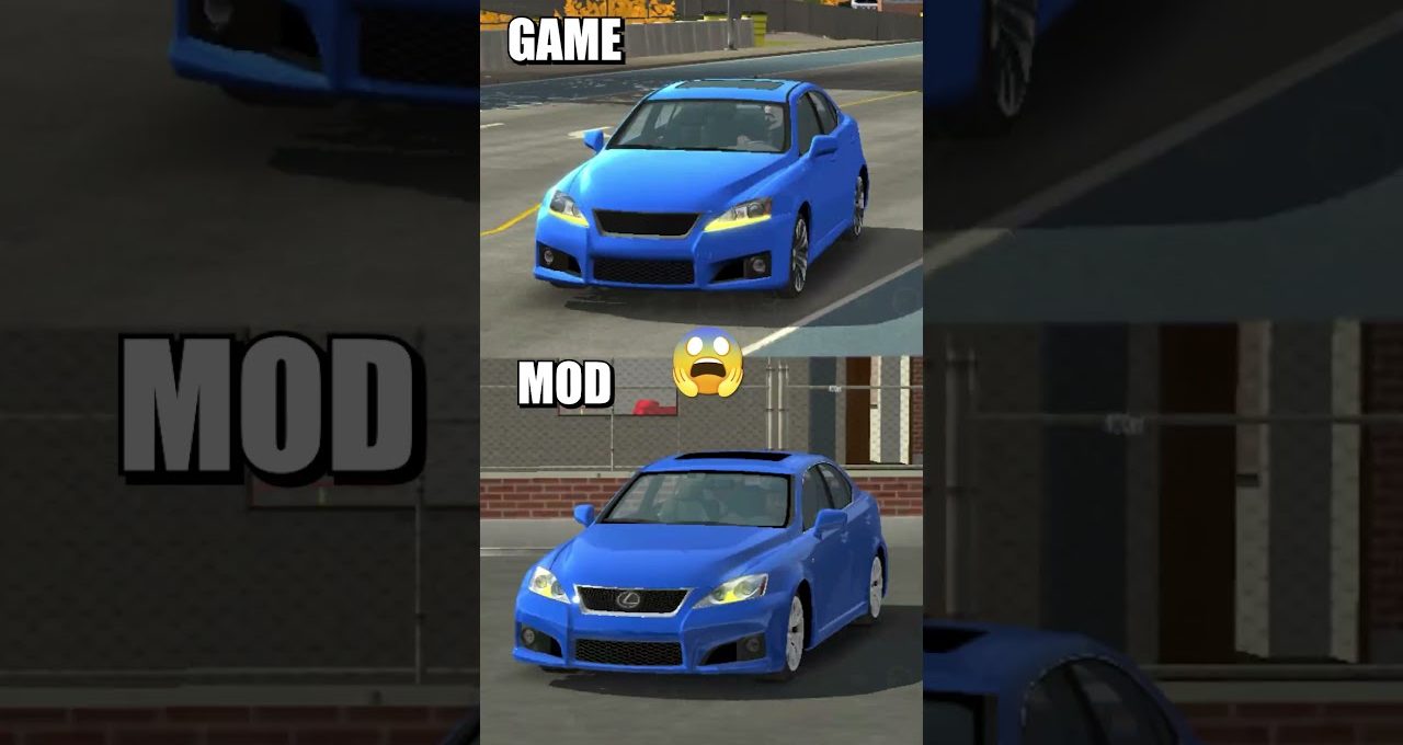 Blue sports sedan shown in game vs modified version comparison with surprised emoji