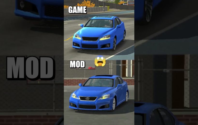 Blue sports sedan shown in game vs modified version comparison with surprised emoji