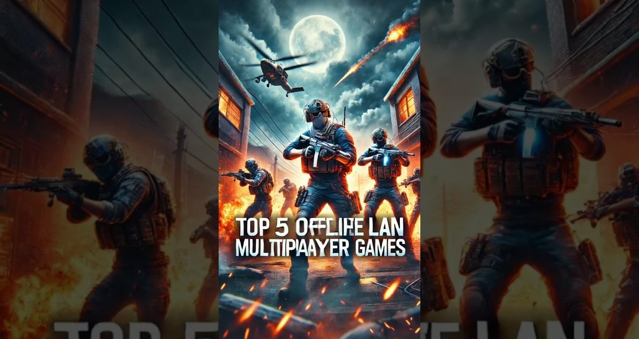 Armed soldiers in tactical gear under moonlight with explosions, caption about LAN games