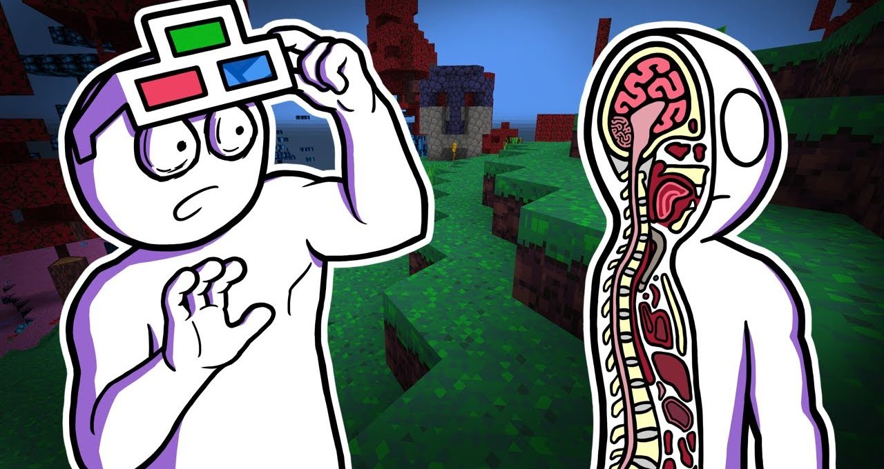 Cartoon character wearing 3D glasses looks surprised beside a cutaway showing human anatomy.