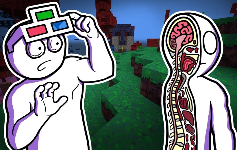 Cartoon character wearing 3D glasses looks surprised beside a cutaway showing human anatomy.