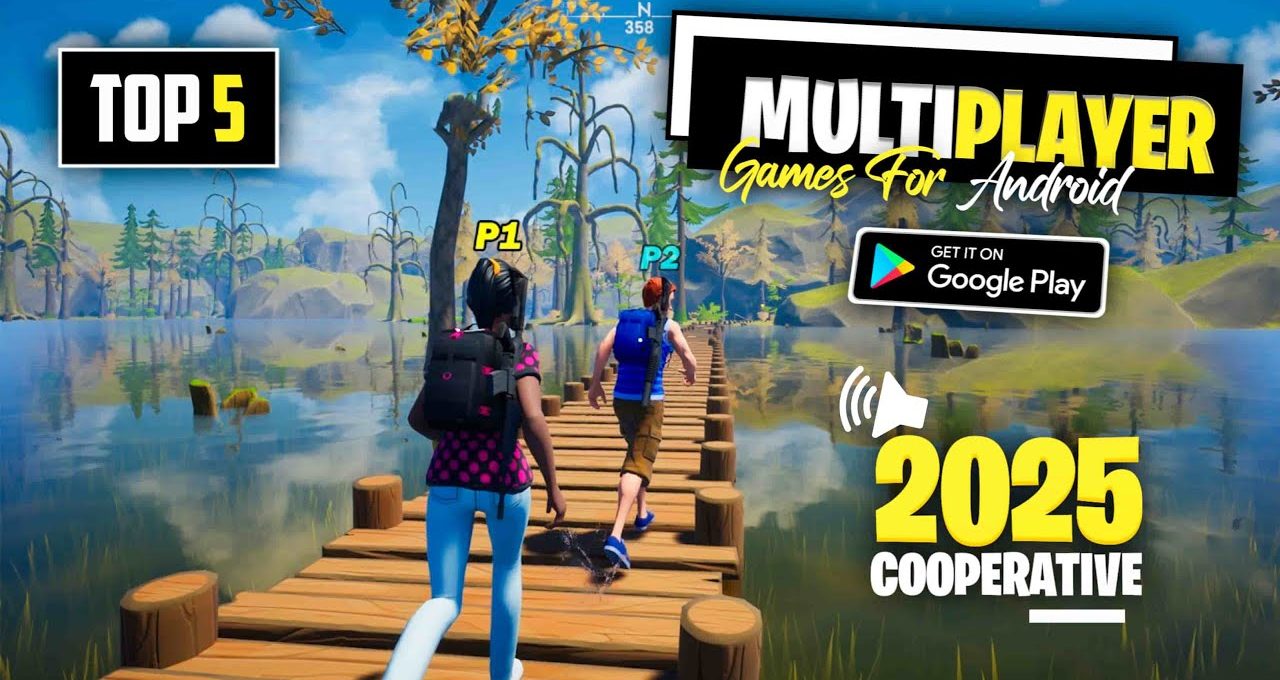 Two players walking on wooden dock in cooperative multiplayer Android game scene 2025