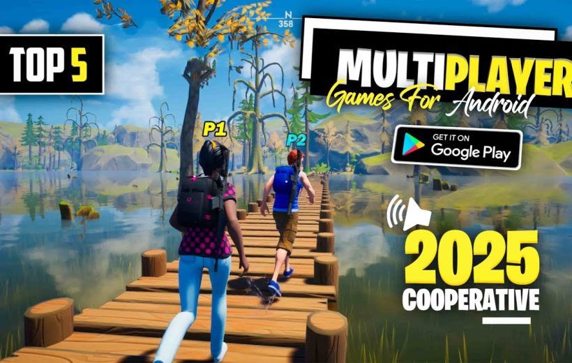 Two players walking on wooden dock in cooperative multiplayer Android game scene 2025