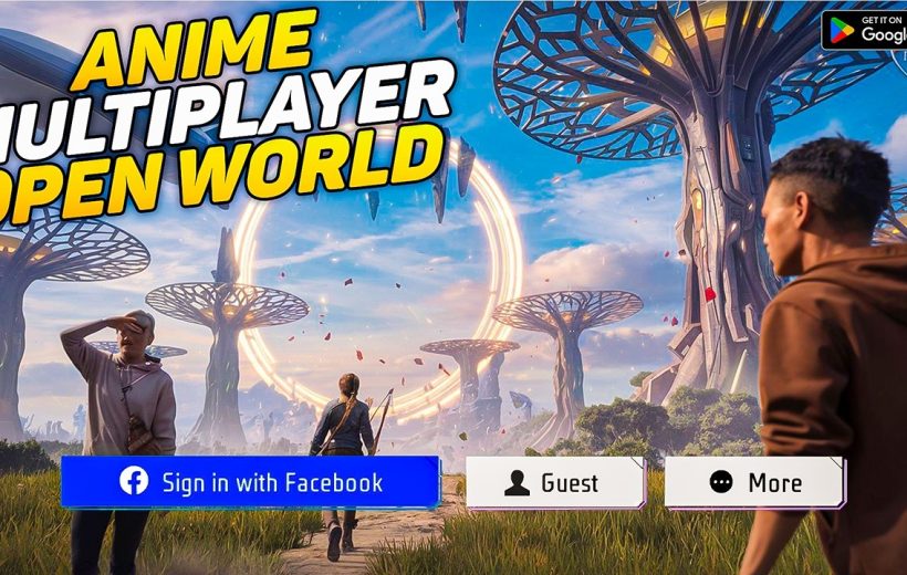 Three characters approach a glowing ring in a futuristic open-world anime landscape.