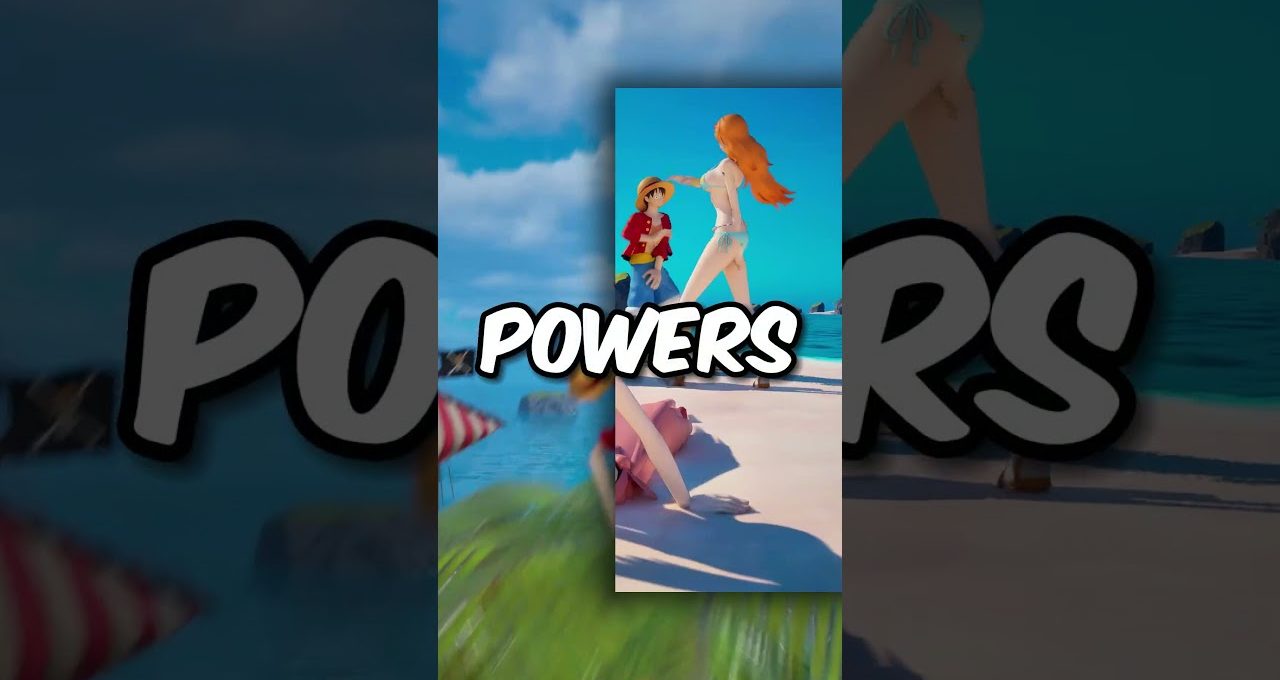 Anime beach scene with two characters in swimwear and bold text reading "POWERS"