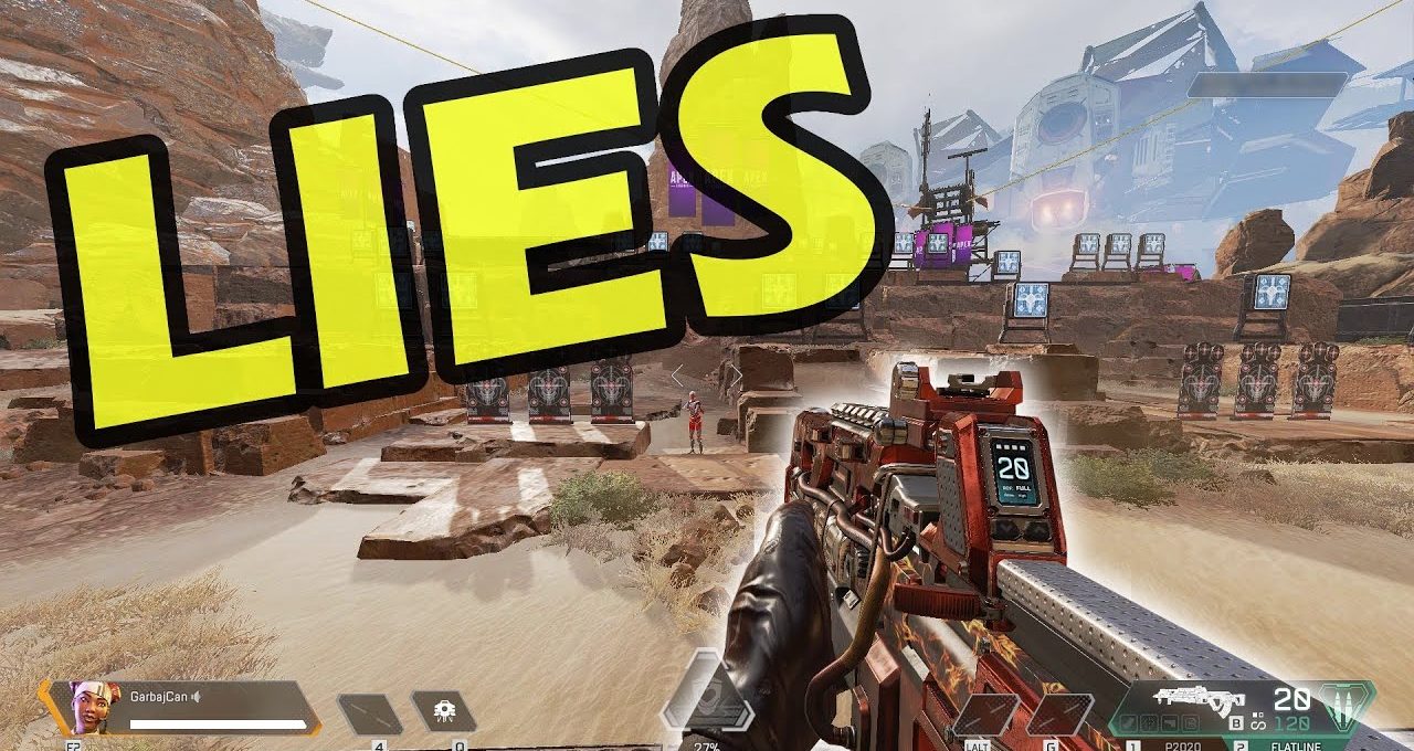 First-person shooter view in desert training range with large yellow "LIES" text.
