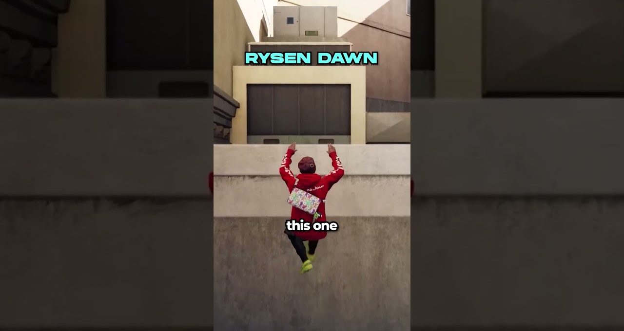 Person in red hoodie climbing a concrete wall beneath blue "RYSEN DAWN" text