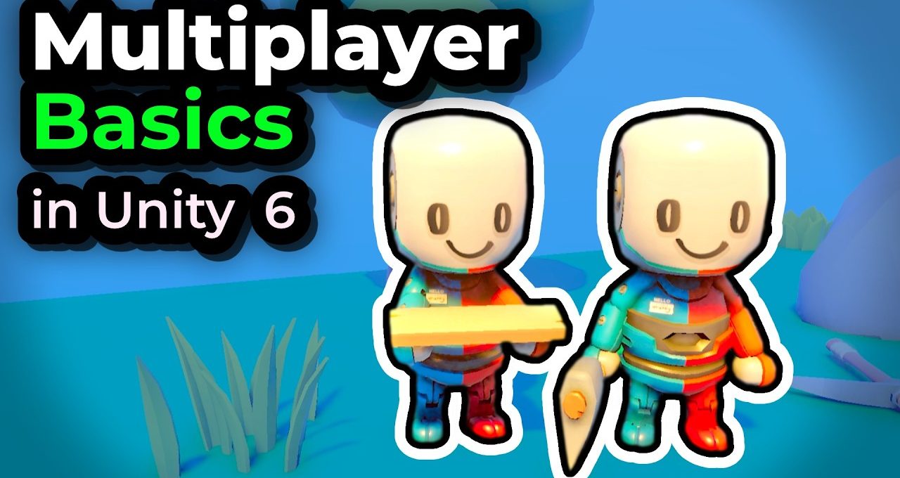Two smiling cartoon characters holding tools in a colorful Unity multiplayer tutorial scene
