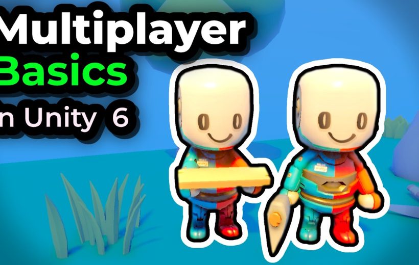 Two smiling cartoon characters holding tools in a colorful Unity multiplayer tutorial scene