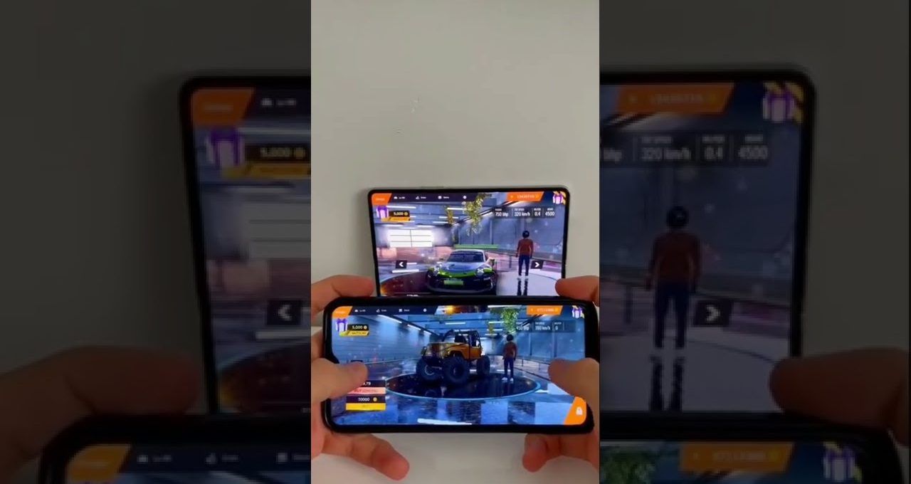 Two smartphones held showing the same car racing game lobby with vehicles and avatar